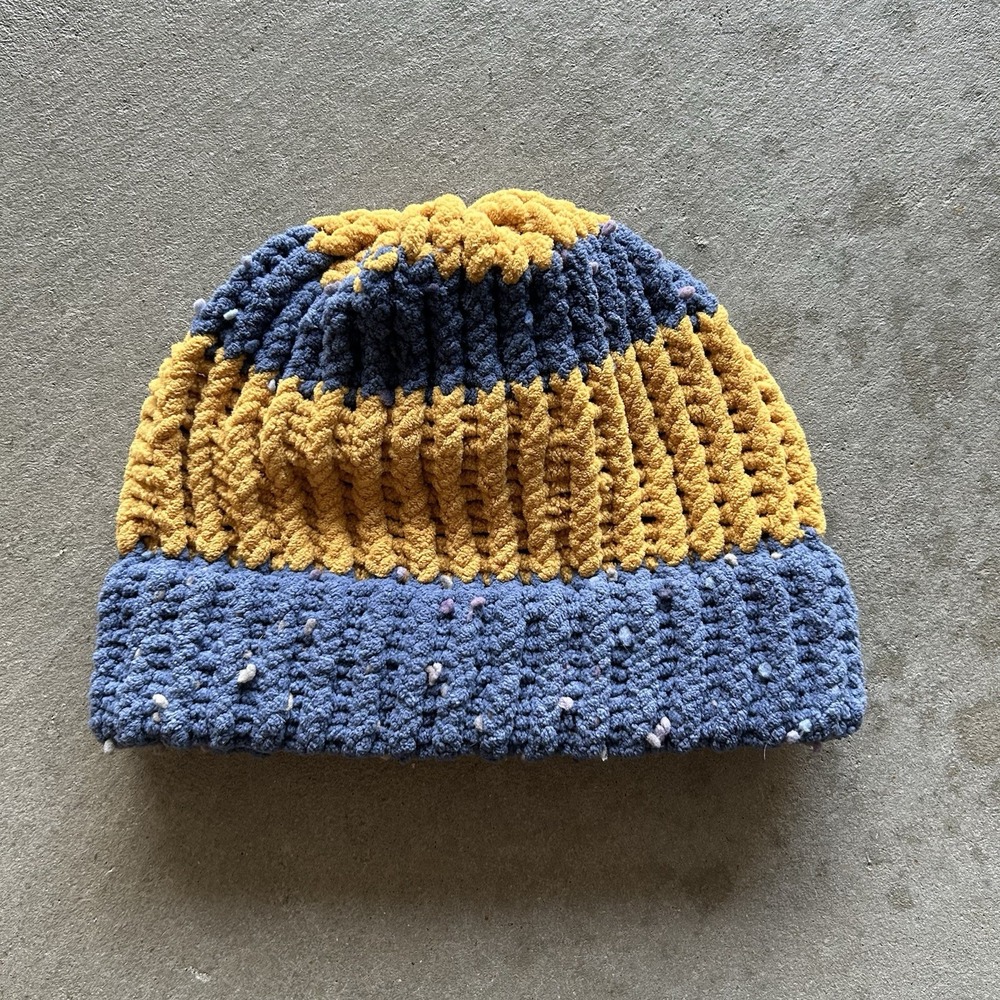 Vintage Chunky Chenille Knitted Beanie Hat Cap One Size Yellow Crochet Cuffed